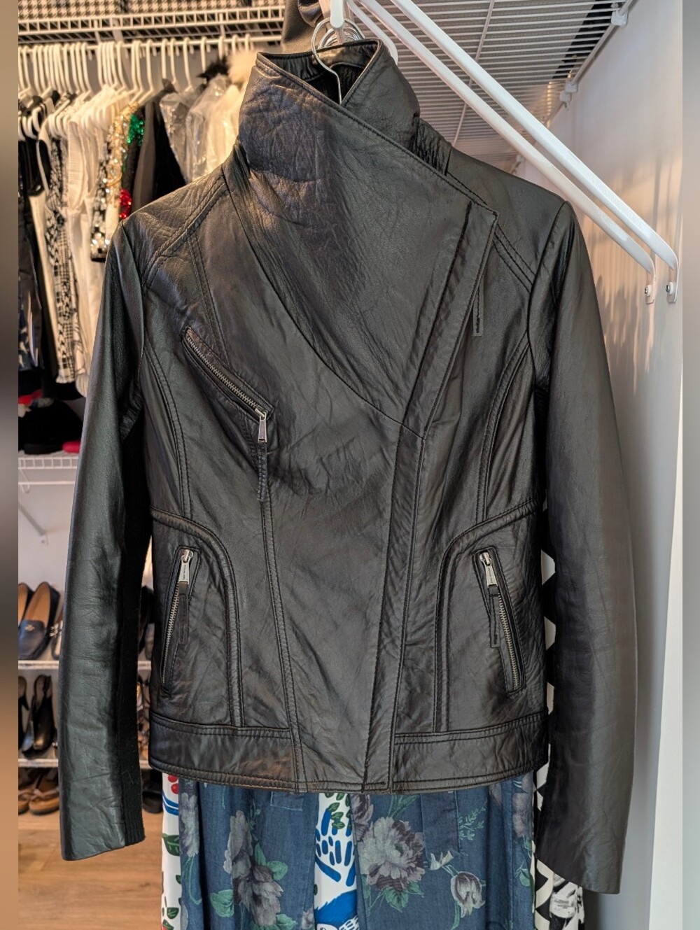Michael Kors Black Leather Moto Jacket with Ribbed Collar - Picture 4 of 6